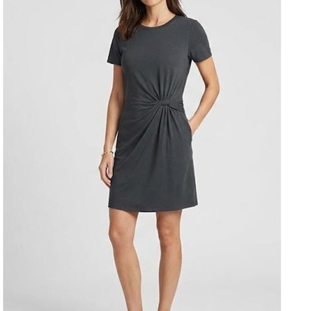 Garnet Hill Gathered Front Short Sleeve Dress M Black Casual Pullover Stretch